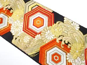 アンティーク　荒波に菊・亀甲模様織り出し袋帯（着用可）